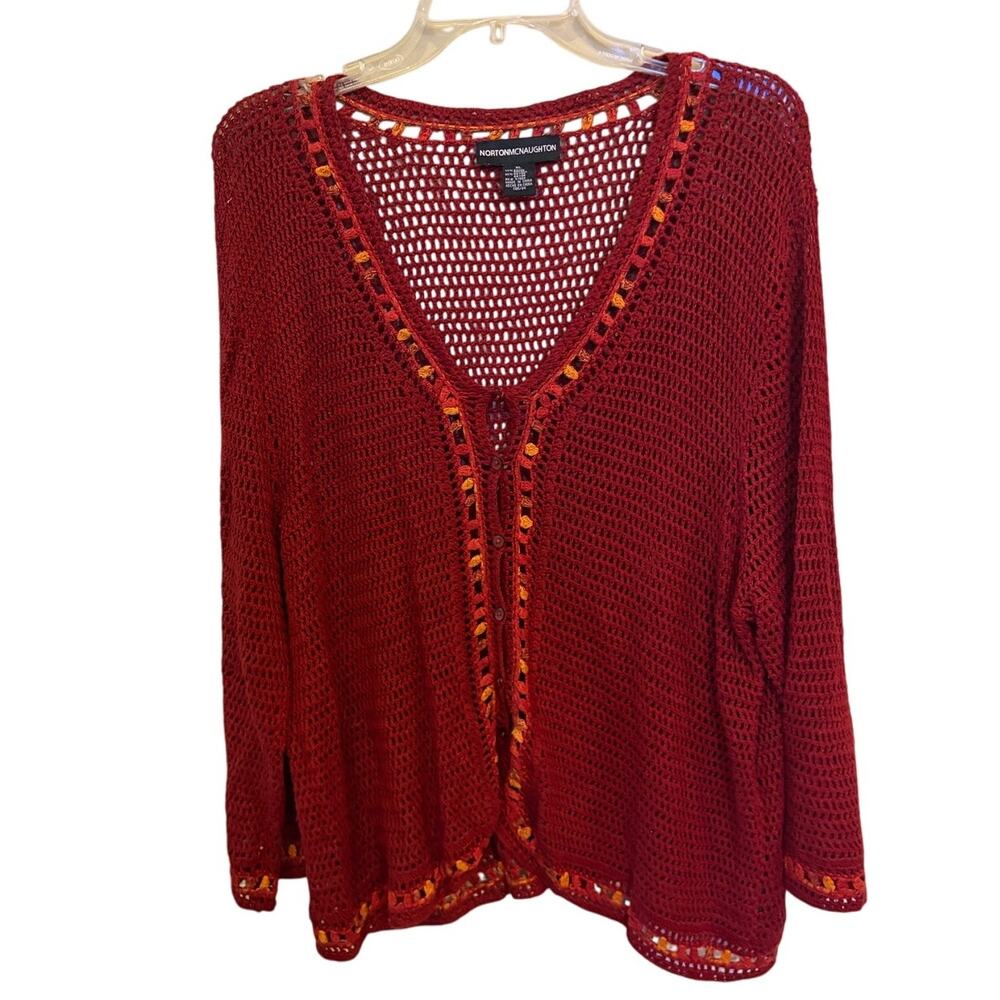 VTG Y2K Norton McNaughton Crochet Cardigan XL Red  Open Knit Boho Festival Top